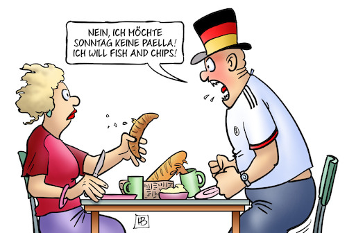 Cartoon: Fish and Chips (medium) by Harm Bengen tagged sonntag,paella,fish,and,chips,england,spanien,frühstück,em,fussball,fan,harm,bengen,cartoon,karikatur,sonntag,paella,fish,and,chips,england,spanien,frühstück,em,fussball,fan,harm,bengen,cartoon,karikatur