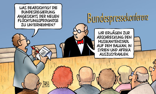 Cartoon: Flüchtlings-Prognose (medium) by Harm Bengen tagged bundesregierung,flüchtlingsprognose,flüchtlinge,flucht,armut,politische,verfolgung,asyl,abschreckung,musikantenstadl,balkan,syrien,afrika,tv,bundespressekonferenz,harm,bengen,cartoon,karikatur,bundesregierung,flüchtlingsprognose,flüchtlinge,flucht,armut,politische,verfolgung,asyl,abschreckung,musikantenstadl,balkan,syrien,afrika,tv,bundespressekonferenz,harm,bengen,cartoon,karikatur