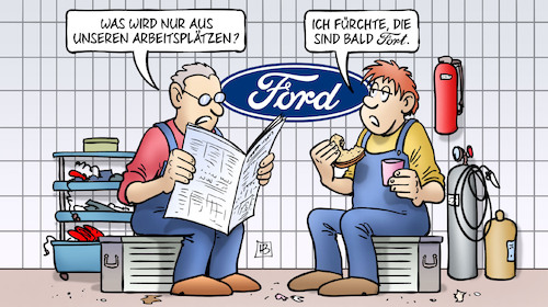 Cartoon: Ford (medium) by Harm Bengen tagged ford,automobilindustrie,automobilbauer,arbeiter,arbeitsplätze,entlassungen,kündigungen,harm,bengen,cartoon,karikatur,ford,automobilindustrie,automobilbauer,arbeiter,arbeitsplätze,entlassungen,kündigungen,harm,bengen,cartoon,karikatur