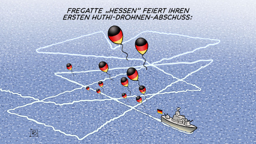 Cartoon: Fregatte Hessen feiert (medium) by Harm Bengen tagged fregatte,hessen,feiern,ballons,bundesmarine,marine,schiff,kriegsschiff,huthi,drohnen,abschuss,krieg,harm,bengen,cartoon,karikatur,fregatte,hessen,feiern,ballons,bundesmarine,marine,schiff,kriegsschiff,huthi,drohnen,abschuss,krieg,harm,bengen,cartoon,karikatur