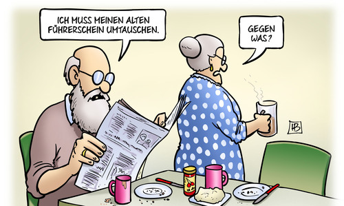 Cartoon: Führerscheinumtausch (medium) by Harm Bengen tagged führerschein,umtausch,frist,susemil,harm,bengen,cartoon,karikatur,führerschein,umtausch,frist,susemil,harm,bengen,cartoon,karikatur