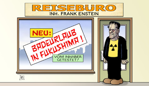 Cartoon: Fukushima-Kühlwasser (medium) by Harm Bengen tagged fukushima,japan,atomkraftwerk,radioaktivität,kühlwasser,badeurlaub,reisebüro,frankenstein,monster,harm,bengen,cartoon,karikatur,fukushima,japan,atomkraftwerk,radioaktivität,kühlwasser,badeurlaub,reisebüro,frankenstein,monster,harm,bengen,cartoon,karikatur