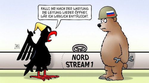 Cartoon: Gas-Totalausfall (medium) by Harm Bengen tagged gas,totalausfall,wartung,leitung,nordstream,pipeline,bundesadler,deutschland,bär,krieg,ukraine,russland,harm,bengen,cartoon,karikatur,gas,totalausfall,wartung,leitung,nordstream,pipeline,bundesadler,deutschland,bär,krieg,ukraine,russland,harm,bengen,cartoon,karikatur