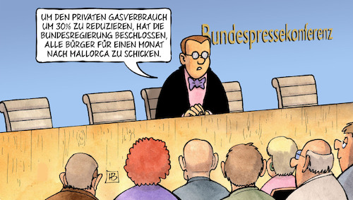 Cartoon: Gasverbrauch senken (medium) by Harm Bengen tagged gasverbrauch,senken,sparen,energiepreise,heizen,mallorca,bundespressekonferenz,harm,bengen,cartoon,karikatur,gasverbrauch,senken,sparen,energiepreise,heizen,mallorca,bundespressekonferenz,harm,bengen,cartoon,karikatur