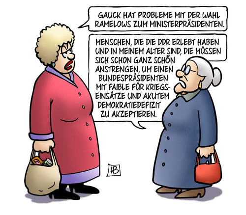 Cartoon: Gauck-Ramelow (medium) by Harm Bengen tagged gauck,probleme,wahl,ramelow,ministerpräsident,thüringen,ddr,linke,partei,sed,vergangenheit,bundespräsidenten,faible,kriegseinsaetze,demokratiedefizit,demokratie,einmischung,harm,bengen,cartoon,karikatur,gauck,probleme,wahl,ramelow,ministerpräsident,thüringen,ddr,linke,partei,sed,vergangenheit,bundespräsidenten,faible,kriegseinsaetze,demokratiedefizit,demokratie,einmischung,harm,bengen,cartoon,karikatur