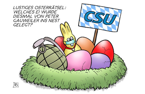 Cartoon: Gauweiler-Ei (medium) by Harm Bengen tagged lustiges,osterrätsel,ei,handgranate,peter,gauweiler,nest,csu,korruption,bestechung,masken,ostern,harm,bengen,cartoon,karikatur,lustiges,osterrätsel,ei,handgranate,peter,gauweiler,nest,csu,korruption,bestechung,masken,ostern,harm,bengen,cartoon,karikatur