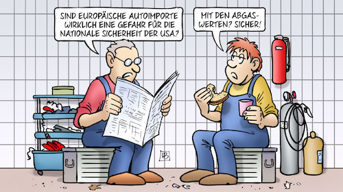 Cartoon: Gefahr Autoimporte (medium) by Harm Bengen tagged europaeische,europa,usa,autoimporte,gefahr,nationale,sicherheit,strafzoelle,abgaswerte,harm,bengen,cartoon,karikatur,europaeische,europa,usa,autoimporte,gefahr,nationale,sicherheit,strafzoelle,abgaswerte,harm,bengen,cartoon,karikatur