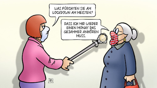 Cartoon: Gejammer (medium) by Harm Bengen tagged fürchten,lockdown,gejammer,susemil,interview,corona,harm,bengen,cartoon,karikatur,fürchten,lockdown,gejammer,susemil,interview,corona,harm,bengen,cartoon,karikatur