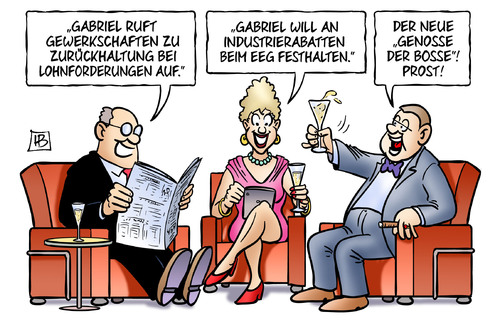 Cartoon: Genosse der Bosse (medium) by Harm Bengen tagged gabriel,spd,wirtschaftsminister,gewerkschaften,zurueckhaltung,verzicht,lohnforderungen,industrierabatte,eeg,energiewende,genosse,boss,bosse,unternehmer,kapitalisten,sekt,feiern,harm,bengen,cartoon,karikatur,gabriel,spd,wirtschaftsminister,gewerkschaften,zurueckhaltung,verzicht,lohnforderungen,industrierabatte,eeg,energiewende,genosse,boss,bosse,unternehmer,kapitalisten,sekt,feiern,harm,bengen,cartoon,karikatur