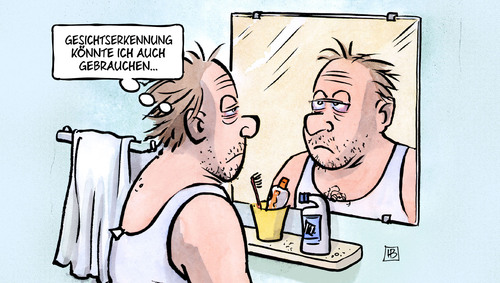 Cartoon: Gesichtserkennung (medium) by Harm Bengen tagged gesichtserkennung,rausch,kater,spiegel,antiterrorkampf,innere,sicherheit,kameras,innenminister,demaiziere,harm,bengen,cartoon,karikatur,gesichtserkennung,rausch,kater,spiegel,antiterrorkampf,innere,sicherheit,kameras,innenminister,demaiziere,harm,bengen,cartoon,karikatur