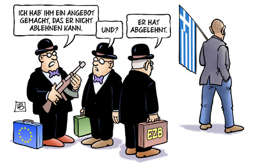 Cartoon: Griechenland-Angebot (medium) by Harm Bengen tagged angebot,ablehnen,ezb,iwf,troika,mafia,pate,drohung,eu,euro,europa,griechischer,finanzminister,varoufakis,griechenland,wahl,harm,bengen,cartoon,karikatur,angebot,ablehnen,ezb,iwf,troika,mafia,pate,drohung,eu,euro,europa,griechischer,finanzminister,varoufakis,griechenland,wahl,harm,bengen,cartoon,karikatur