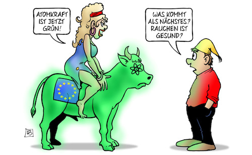 Cartoon: Grüne Atomkraft (medium) by Harm Bengen tagged atomkraft,kernkraft,taxonomie,grün,eu,europa,stier,michel,strahlung,rauchen,gesund,harm,bengen,cartoon,karikatur,atomkraft,kernkraft,taxonomie,grün,eu,europa,stier,michel,strahlung,rauchen,gesund,harm,bengen,cartoon,karikatur