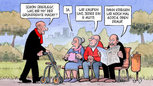 Cartoon: Grundrentenkompromiss (medium) by Harm Bengen tagged grundrentenkompromiss,eauto,elektroauto,kaufprämie,6000,rentner,einkommensprüfung,grundrente,bank,harm,bengen,cartoon,karikatur,grundrentenkompromiss,eauto,elektroauto,kaufprämie,6000,rentner,einkommensprüfung,grundrente,bank,harm,bengen,cartoon,karikatur