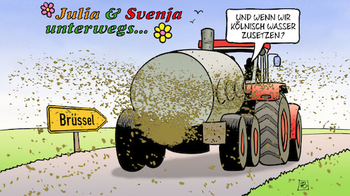 Cartoon: Grundwasserverordnung (medium) by Harm Bengen tagged brüssel,grundwasserverordnung,julia,klöckner,svenja,schulze,unterwegs,gülle,trecker,landwirtschaft,geruch,kölnisch,wasser,nitrat,belastung,harm,bengen,cartoon,karikatur,brüssel,grundwasserverordnung,julia,klöckner,svenja,schulze,unterwegs,gülle,trecker,landwirtschaft,geruch,kölnisch,wasser,nitrat,belastung,harm,bengen,cartoon,karikatur