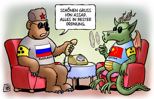 Cartoon: Gruß von Assad (medium) by Harm Bengen tagged gruß,assad,syrien,china,russland,morden,massaker,uno,sicherheitsrat,veto,blockade,bär,drachen,blind,gruß,assad,syrien,china,russland,morden,massaker