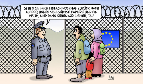 Cartoon: Gültige Papiere (medium) by Harm Bengen tagged aleppo,gültige,papiere,visum,eu,europa,balkanroute,grenze,gipfel,flucht,flüchtlinge,abschreckung,verschärfung,grenzen,harm,bengen,cartoon,karikatur,aleppo,gültige,papiere,visum,eu,europa,balkanroute,grenze,gipfel,flucht,flüchtlinge,abschreckung,verschärfung,grenzen,harm,bengen,cartoon,karikatur