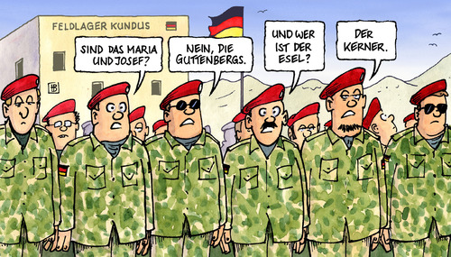 Cartoon: Guttenbergs in Kundus (medium) by Harm Bengen tagged kundus,guttenberg,afghanistan,bundeswehr,truppe,einsatz,armee,besuch,weihnachten,advent,gattin,bibel,maria,joseph,josef,esel,kerner,talkshow,show,guttenberg,kundus,afghanistan,bundeswehr,einsatz,truppe,armee,weihnachten,advent,gattin,bibel,talkshow,kriegsgebiet