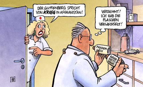 Cartoon: Guttenbergs Krieg (medium) by Harm Bengen tagged guttenberg,krieg,afghanistan,kampfeinsatz,aufbaueinsatz,schweinegrippe,impfung,impfstoff,pandemrix,wahrheit,wahrheitsserum,arzt,krankenschwester,grippe,guttenberg,krieg,afghanistan,kampfeinsatz,aufbaueinsatz,schweinegrippe,impfung,impfstoff,pandemrix,wahrheit,wahrheitsserum,arzt,krankenschwester,grippe,gesundheit,krankheit,virus,militär