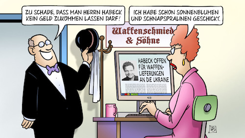 Cartoon: Habeck und Ukraine (medium) by Harm Bengen tagged ukraine,habeck,geld,sonnenblumen,schnapspralinen,waffenlieferungen,krieg,rüstungsindustrie,grüne,büro,computer,harm,bengen,cartoon,karikatur,ukraine,habeck,geld,sonnenblumen,schnapspralinen,waffenlieferungen,krieg,rüstungsindustrie,grüne,büro,computer,harm,bengen,cartoon,karikatur