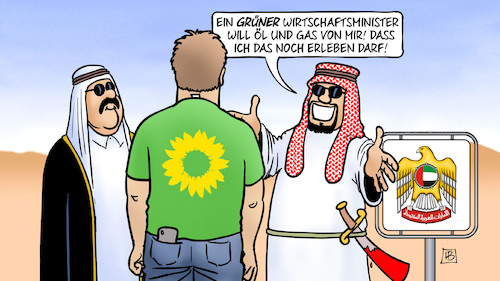 Cartoon: Habecks Alternativen (medium) by Harm Bengen tagged grüner,wirtschaftsminister,oel,gas,katar,vereinigte,arabische,emirate,rohstoffe,energie,deutschland,russland,ukraine,krieg,harm,bengen,cartoon,karikatur,grüner,wirtschaftsminister,oel,gas,katar,vereinigte,arabische,emirate,rohstoffe,energie,deutschland,russland,ukraine,krieg,harm,bengen,cartoon,karikatur