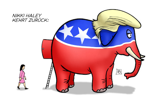 Cartoon: Haley kehrt zurück (medium) by Harm Bengen tagged nikki,haley,gop,wahlen,usa,trump,elefant,harm,bengen,cartoon,karikatur,nikki,haley,gop,wahlen,usa,trump,elefant,harm,bengen,cartoon,karikatur