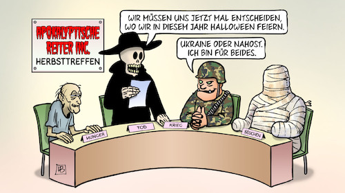 Cartoon: Halloween 2023 (medium) by Harm Bengen tagged halloween,feiern,ukraine,russland,tod,hunger,seuchen,apokalyptische,reiter,mumie,nahost,gaza,israel,hamas,palästina,terror,krieg,harm,bengen,cartoon,karikatur,halloween,feiern,ukraine,russland,tod,hunger,seuchen,apokalyptische,reiter,mumie,nahost,gaza,israel,hamas,palästina,terror,krieg,harm,bengen,cartoon,karikatur