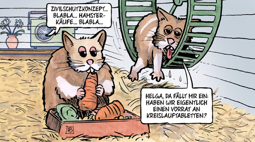 Cartoon: Hamsterkäufe (medium) by Harm Bengen tagged hamsterkäufe,kreislauftabletten,radio,notfallvorrat,zivilschutzkonzept,wasser,lebensmittel,katastrophen,bundesregierung,hamsterkauf,harm,bengen,cartoon,karikatur,hamsterkäufe,kreislauftabletten,radio,notfallvorrat,zivilschutzkonzept,wasser,lebensmittel,katastrophen,bundesregierung,hamsterkauf,harm,bengen,cartoon,karikatur