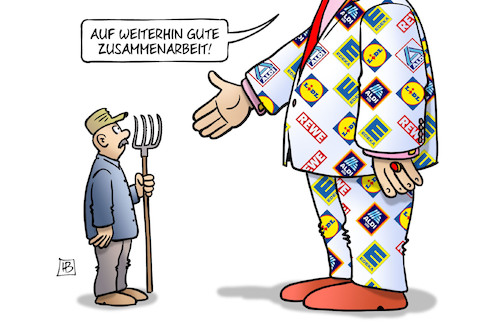 Cartoon: Handelsriesen (medium) by Harm Bengen tagged zusammenarbeit,handelsriesen,edeka,lidl,aldi,rewe,lebensmittel,preise,bauern,landwirtschaft,erpressung,diktats,harm,bengen,cartoon,karikatur,zusammenarbeit,handelsriesen,edeka,lidl,aldi,rewe,lebensmittel,preise,bauern,landwirtschaft,erpressung,diktats,harm,bengen,cartoon,karikatur