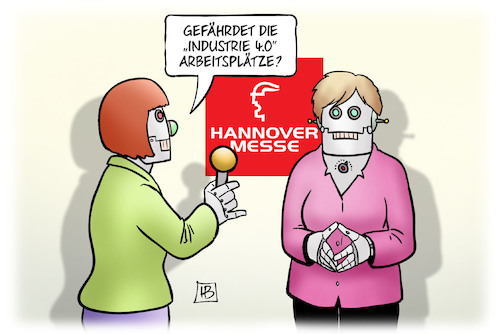 Cartoon: Hannover-Messe 2018 (medium) by Harm Bengen tagged hannover,messe,2018,merkel,interview,industrie,arbeitsplätze,roboter,harm,bengen,cartoon,karikatur,hannover,messe,2018,merkel,interview,industrie,arbeitsplätze,roboter,harm,bengen,cartoon,karikatur