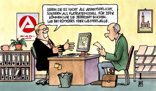 Cartoon: Hartz-IV-Flatrate (medium) by Harm Bengen tagged hartz,jobcenter,arbeitsamt,flatrate,westerwelle,rüttgers,ruettgers,buchen,mieten,arbeitslos,hartz,jobcenter,arbeitsamt,flatrate,guido westerwelle,rüttgers,ruettgers,buchen,mieten,arbeitslos,guido,westerwelle