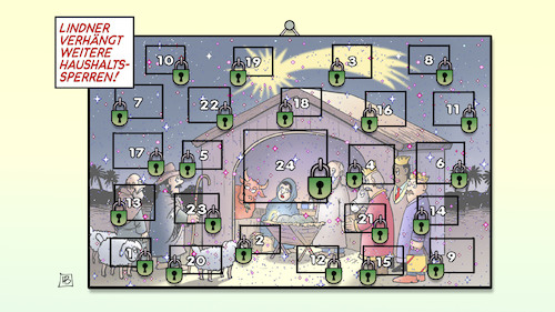 Cartoon: Haushaltssperren (medium) by Harm Bengen tagged lindner,haushaltssperren,60,milliarden,bverfg,urteil,adventskalender,schloss,vorhängeschloss,harm,bengen,cartoon,karikatur,lindner,haushaltssperren,60,milliarden,bverfg,urteil,adventskalender,schloss,vorhängeschloss,harm,bengen,cartoon,karikatur