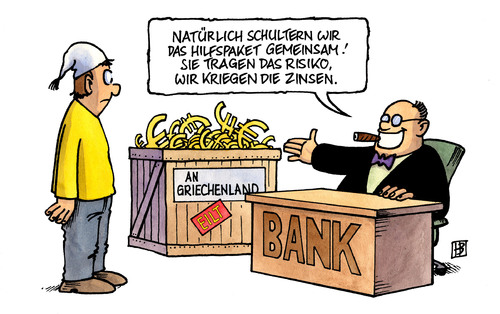 Cartoon: Hilfspaket Griechenland (medium) by Harm Bengen tagged hilfspaket,griechenland,deutschland,euro,staat,haushalt,staatsverschuldung,hilfe,bank,zinsen,risiko,hilfspaket,griechenland,deutschland,euro,staat,haushalt,staatsverschuldung,hilfe,bank,zinsen,risiko