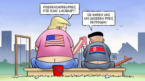 Cartoon: ICAN (medium) by Harm Bengen tagged friedensnobelpreis,ican,betrogen,trump,kim,nordkorea,usa,atomwaffen,harm,bengen,cartoon,karikatur,friedensnobelpreis,ican,betrogen,trump,kim,nordkorea,usa,atomwaffen,harm,bengen,cartoon,karikatur