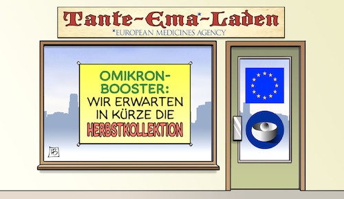 Cartoon: Impfstoff-Herbstkollektion (medium) by Harm Bengen tagged omikron,booster,herbstkollektion,impfung,impfstoff,tante,emma,laden,ema,arzneimittelzulassung,europa,eu,corona,harm,bengen,cartoon,karikatur,omikron,booster,herbstkollektion,impfung,impfstoff,tante,emma,laden,ema,arzneimittelzulassung,europa,eu,corona,harm,bengen,cartoon,karikatur