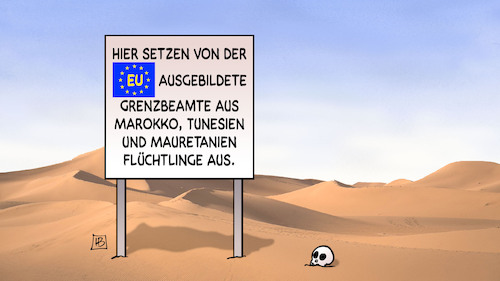 Cartoon: In der Wüste ausgesetzt (medium) by Harm Bengen tagged wüste,europa,eu,ausgebildete,grenzbeamte,marokko,tunesien,mauretanien,flüchtlinge,schild,harm,bengen,cartoon,karikatur,wüste,europa,eu,ausgebildete,grenzbeamte,marokko,tunesien,mauretanien,flüchtlinge,schild,harm,bengen,cartoon,karikatur