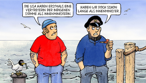 Cartoon: Indigener Innenminister (medium) by Harm Bengen tagged usa,erstmals,vertreterin,indigenen,stämme,indianer,innenministerin,seehofer,innenminister,meer,harm,bengen,cartoon,karikatur,usa,erstmals,vertreterin,indigenen,stämme,indianer,innenministerin,seehofer,innenminister,meer,harm,bengen,cartoon,karikatur