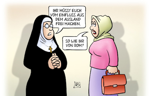 Cartoon: Islamkonferenz (medium) by Harm Bengen tagged islamkonferenz,einfluss,ausland,rom,katholische,kirche,nonne,ditib,harm,bengen,cartoon,karikatur,islamkonferenz,einfluss,ausland,rom,katholische,kirche,nonne,ditib,harm,bengen,cartoon,karikatur