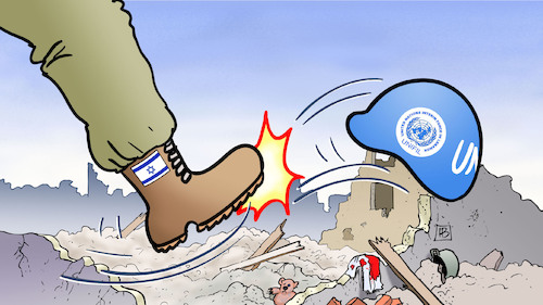 Cartoon: Israel und Blauhelme (medium) by Harm Bengen tagged israel,blauhelme,un,unifil,libanon,krieg,stiefel,fusstritt,kick,helm,harm,bengen,cartoon,karikatur,israel,blauhelme,un,unifil,libanon,krieg,stiefel,fusstritt,kick,helm,harm,bengen,cartoon,karikatur