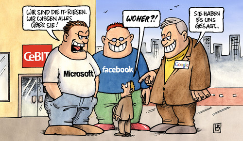 Cartoon: IT-Riesen (medium) by Harm Bengen tagged it,riesen,cebit,microsoft,facebook,google,verbraucherministerin,aigner,privat,daten,datenschutz,warnung,cebit,hannover,google,facebook,daten,bock,technik,fortschritt,technologie,zoo,microsoft,riesen,it,aigner,privat,warnung,verbraucherministerin