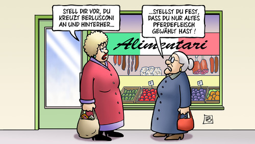 Cartoon: Italien vor der Wahl (medium) by Harm Bengen tagged karikatur,cartoon,bengen,harm,burger,lasagne,fleisch,csu,aigner,deutschland,rumänien,großbritannien,lebensmittelskandal,landwirtschaftsminister,europa,eu,skandal,pferdefleisch,pferdefleischskandal,italien,wahl,berlusconi,berlusconi,wahl,italien,pferdefleischskandal,pferdefleisch,skandal,eu,europa,landwirtschaftsminister,lebensmittelskandal,großbritannien,rumänien,deutschland,aigner,csu,fleisch,lasagne,burger,harm,bengen,cartoon,karikatur