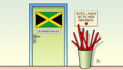 Cartoon: Jamaika-Sondierungen (medium) by Harm Bengen tagged sondierungen,jamaika,dcu,csu,fdp,grüne,bundesregierung,koalition,rote,linien,tuer,harm,bengen,cartoon,karikatur,sondierungen,jamaika,dcu,csu,fdp,grüne,bundesregierung,koalition,rote,linien,tuer,harm,bengen,cartoon,karikatur