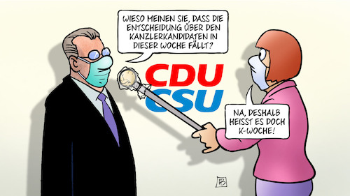 Cartoon: K-Woche (medium) by Harm Bengen tagged entscheidung,kanzlerkandidaten,woche,cdu,csu,bundestagswahl,corona,interview,ostern,karfreitag,harm,bengen,cartoon,karikatur,entscheidung,kanzlerkandidaten,woche,cdu,csu,bundestagswahl,corona,interview,ostern,karfreitag,harm,bengen,cartoon,karikatur