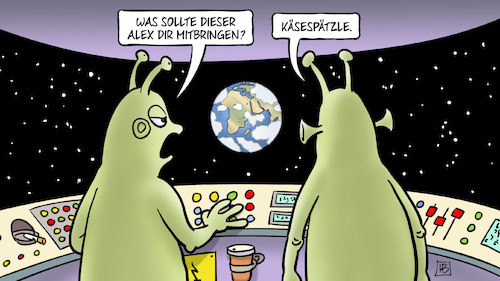 Cartoon: Käsespätzle im All (medium) by Harm Bengen tagged alexander,gerst,astronaut,esa,iss,weltraumfahrt,weltall,kosmos,aliens,essen,schwabe,käsespätzle,harm,bengen,cartoon,karikatur,alexander,gerst,astronaut,esa,iss,weltraumfahrt,weltall,kosmos,aliens,essen,schwabe,käsespätzle,harm,bengen,cartoon,karikatur