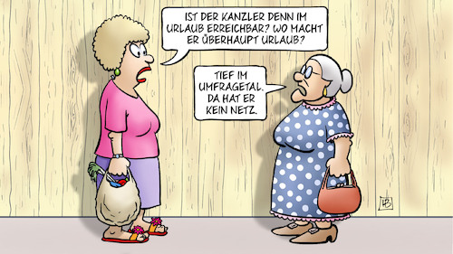 Cartoon: Kanzler-Urlaub (medium) by Harm Bengen tagged kanzler,urlaub,umfragetal,netz,sommerpressekonferenz,susemil,jutta,zaun,harm,bengen,cartoon,karikatur,kanzler,urlaub,umfragetal,netz,sommerpressekonferenz,susemil,jutta,zaun,harm,bengen,cartoon,karikatur