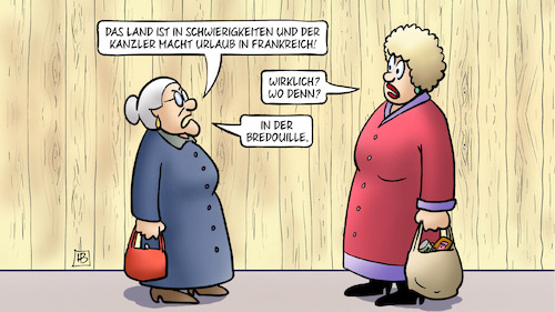 Cartoon: Kanzler in der Bredouille (medium) by Harm Bengen tagged schwierigkeiten,haushalt,kanzler,scholz,urlaub,frankreich,bredouille,susemil,jutta,zaun,harm,bengen,cartoon,karikatur,schwierigkeiten,haushalt,kanzler,scholz,urlaub,frankreich,bredouille,susemil,jutta,zaun,harm,bengen,cartoon,karikatur