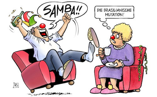 Cartoon: Karnevals-Mutation (medium) by Harm Bengen tagged brasilianische,brasilien,corona,virus,mutation,fasching,karneval,samba,sessel,freude,jubel,harm,bengen,cartoon,karikatur,brasilianische,brasilien,corona,virus,mutation,fasching,karneval,samba,sessel,freude,jubel,harm,bengen,cartoon,karikatur