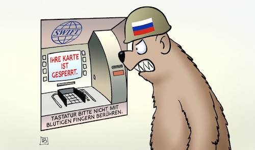 Cartoon: Karte gesperrt (medium) by Harm Bengen tagged karte,gesperrt,swift,sanktionen,banken,geldautomat,bankautomat,tastatur,bär,frieden,russland,ukraine,krieg,einmarsch,angriff,harm,bengen,cartoon,karikatur,karte,gesperrt,swift,sanktionen,banken,geldautomat,bankautomat,tastatur,bär,frieden,russland,ukraine,krieg,einmarsch,angriff,harm,bengen,cartoon,karikatur