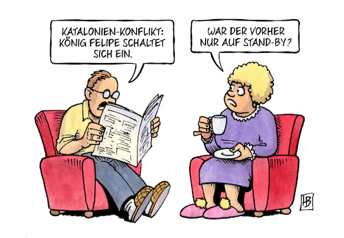 Cartoon: Katalonien und König (medium) by Harm Bengen tagged katalonien,spanien,konflikt,könig,felipe,einschalten,stand,by,harm,bengen,cartoon,karikatur,katalonien,spanien,konflikt,könig,felipe,einschalten,stand,by,harm,bengen,cartoon,karikatur