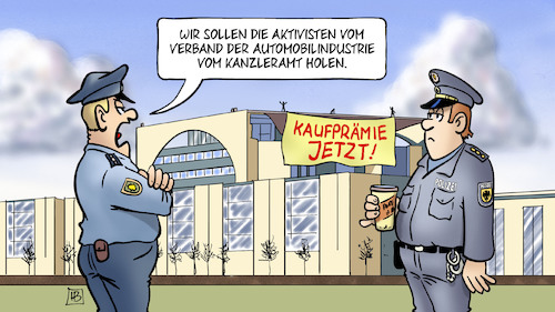 Cartoon: Kaufprämie (medium) by Harm Bengen tagged kaufprämie,aktivisten,verband,automobilindustrie,kanzleramt,polizei,polizist,lobbyismus,corona,coronavirus,ansteckung,pandemie,epidemie,krankheit,schaden,harm,bengen,cartoon,karikatur,kaufprämie,aktivisten,verband,automobilindustrie,kanzleramt,polizei,polizist,lobbyismus,corona,coronavirus,ansteckung,pandemie,epidemie,krankheit,schaden,harm,bengen,cartoon,karikatur