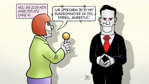 Cartoon: KI 2035 (medium) by Harm Bengen tagged heil,2035,arbeitsplatz,ki,künstliche,intelligenz,bundesminister,hubertus,roboter,interview,harm,bengen,cartoon,karikatur,heil,2035,arbeitsplatz,ki,künstliche,intelligenz,bundesminister,hubertus,roboter,interview,harm,bengen,cartoon,karikatur